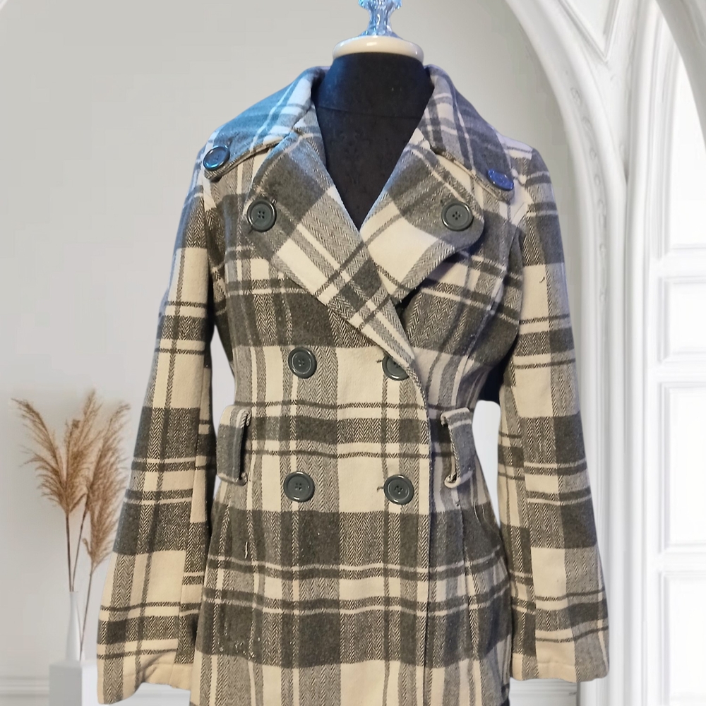 Jou Jou Gray and Cream Checkered Pea Coat